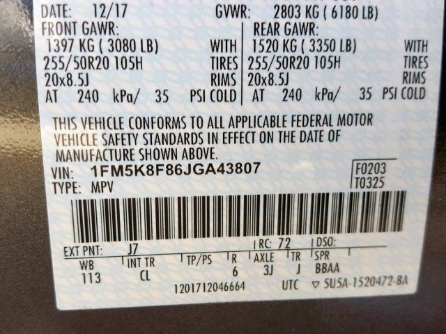 1FM5K8F86JGA43807 - 2018 FORD EXPLORER L GRAY photo 10