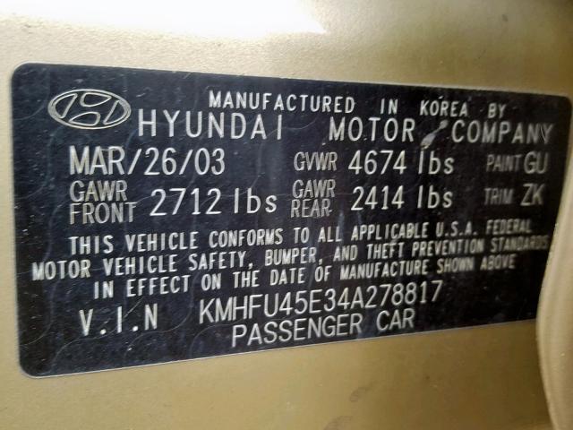 KMHFU45E34A278817 - 2004 HYUNDAI XG 350 GOLD photo 10