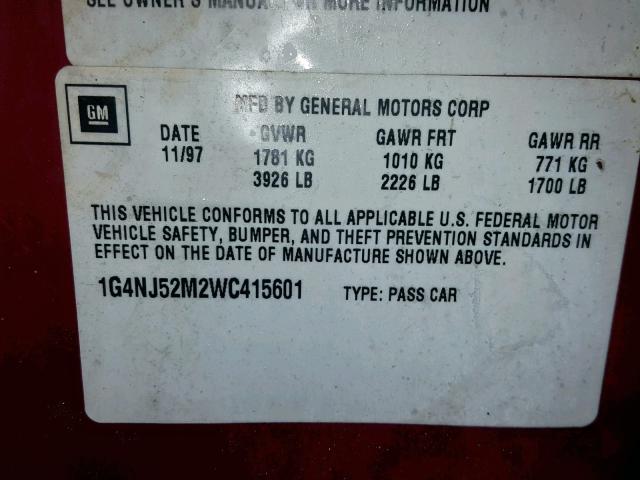 1G4NJ52M2WC415601 - 1998 BUICK SKYLARK CU RED photo 10