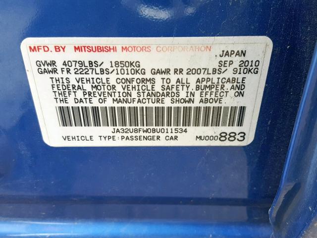 JA32U8FW0BU011534 - 2011 MITSUBISHI LANCER GTS BLUE photo 10