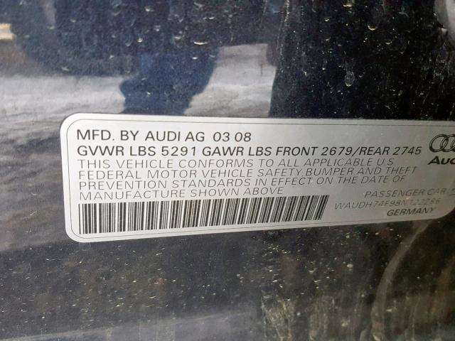 WAUDH74F98N122286 - 2008 AUDI A6 3.2 QUA GRAY photo 10