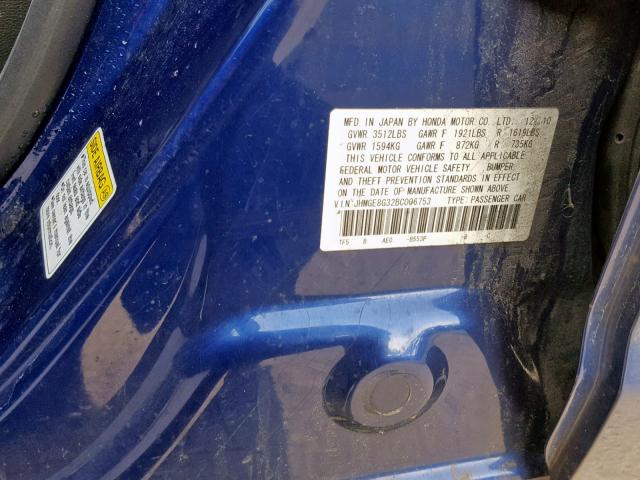 JHMGE8G32BC006753 - 2011 HONDA FIT BLUE photo 10