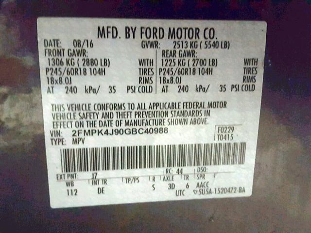 2FMPK4J90GBC40988 - 2016 FORD EDGE SEL GRAY photo 10