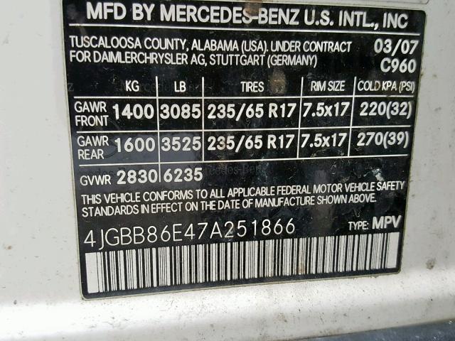 4JGBB86E47A251866 - 2007 MERCEDES-BENZ ML 350 WHITE photo 10