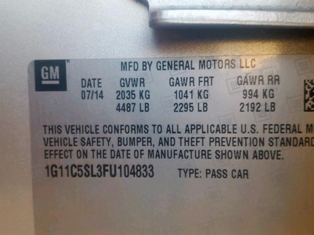 1G11C5SL3FU104833 - 2015 CHEVROLET MALIBU 1LT SILVER photo 10