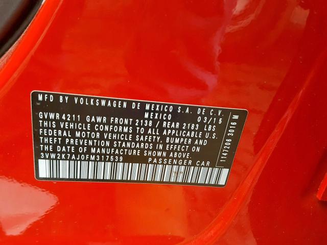 3VW2K7AJ0FM317539 - 2015 VOLKSWAGEN JETTA BASE RED photo 10
