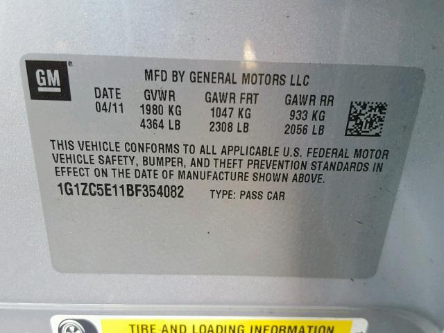 1G1ZC5E11BF354082 - 2011 CHEVROLET MALIBU 1LT 银色 照片 10