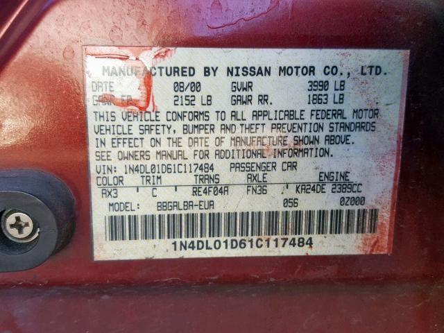 1N4DL01D61C117484 - 2001 NISSAN ALTIMA XE RED photo 10