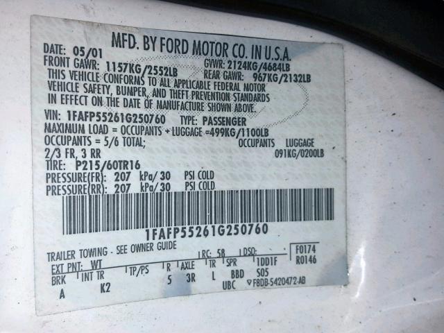 1FAFP55261G250760 - 2001 FORD TAURUS SES WHITE photo 10