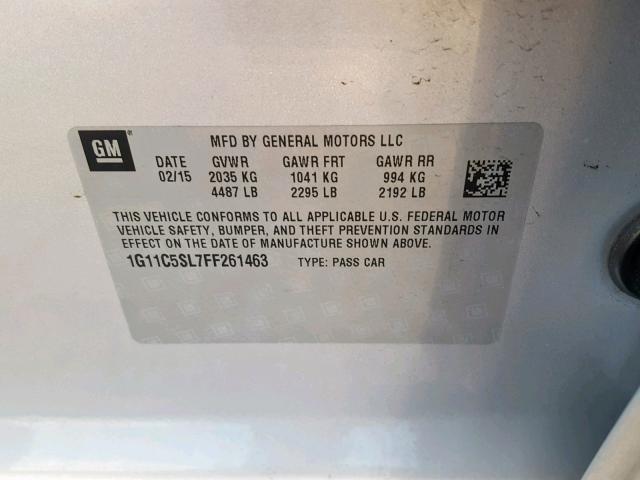 1G11C5SL7FF261463 - 2015 CHEVROLET MALIBU 1LT ვერცხლისფერი ფოტო 10