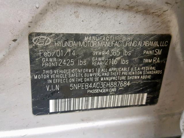 5NPEB4AC3EH887684 - 2014 HYUNDAI SONATA GLS SILVER photo 10