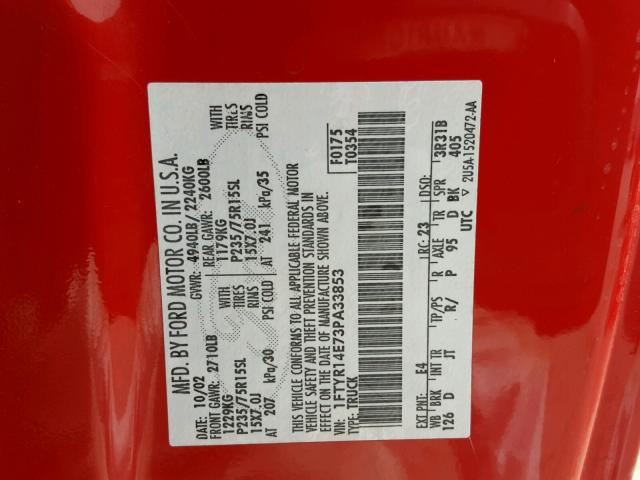 1FTYR14E73PA33853 - 2003 FORD RANGER SUP RED photo 10