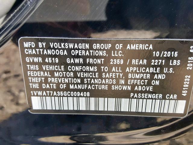 1VWAT7A35GC009408 - 2016 VOLKSWAGEN PASSAT S BLACK photo 10