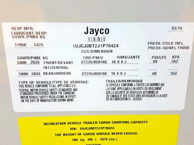 1UJCJ0BT2J1P70424 - 2018 JAYCO EAGLE  BEIGE photo 10