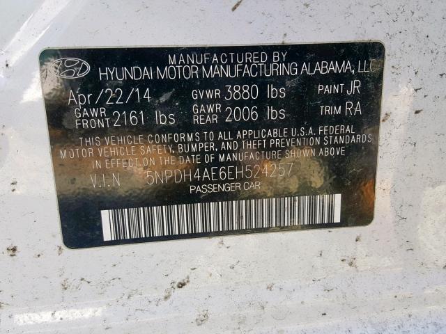 5NPDH4AE6EH524257 - 2014 HYUNDAI ELANTRA SE WHITE photo 10