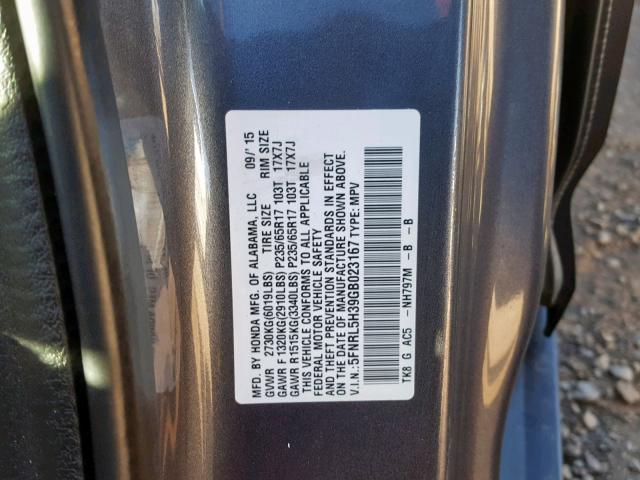 5FNRL5H39GB023167 - 2016 HONDA ODYSSEY SE CHARCOAL photo 10