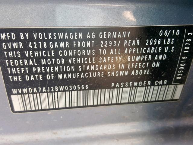 WVWDA7AJ2BW030566 - 2011 VOLKSWAGEN GOLF 蓝色 照片 10