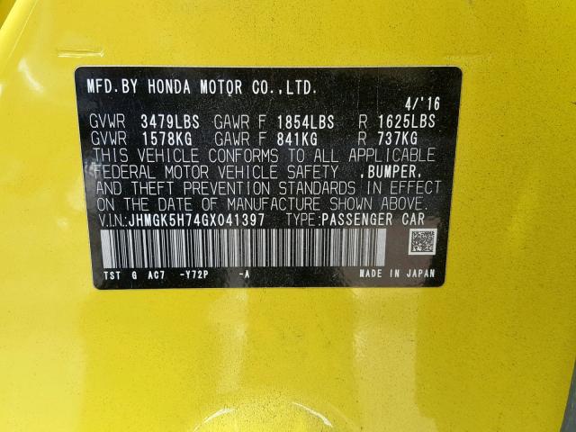 JHMGK5H74GX041397 - 2016 HONDA FIT EX YELLOW photo 10