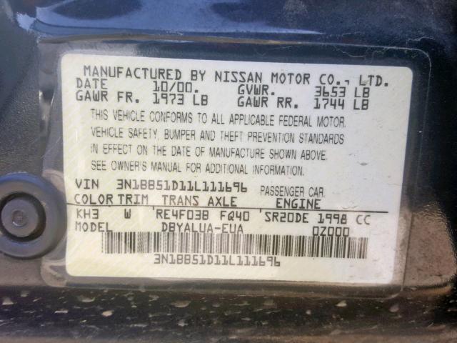 3N1BB51D11L111696 - 2001 NISSAN SENTRA SE BLACK photo 10