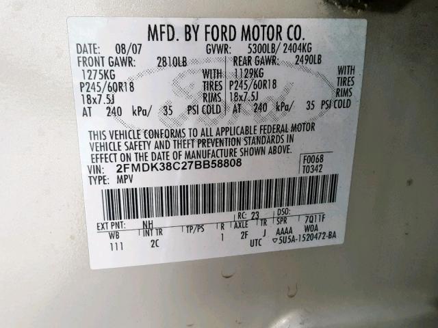 2FMDK38C27BB58808 - 2007 FORD EDGE SEL CREAM photo 10