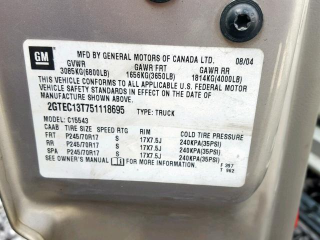 2GTEC13T751118695 - 2005 GMC NEW SIERRA TAN photo 10