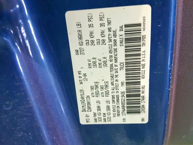 1D7HW48N95S219436 - 2005 DODGE DAKOTA QUA BLUE photo 10