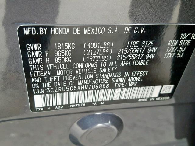 3CZRU5G5XHM706888 - 2017 HONDA HR-V EX GRAY photo 10