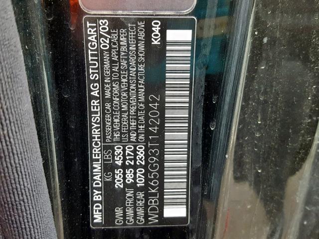 WDBLK65G93T142042 - 2003 MERCEDES-BENZ CLK 320 BLACK photo 10