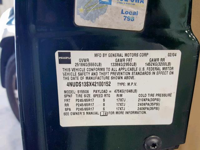 4NUDS13SX42100152 - 2004 ISUZU ASCENDER S 绿色 照片 10