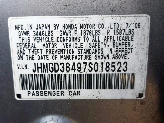 JHMGD38497S018523 - 2007 HONDA FIT SILVER photo 10