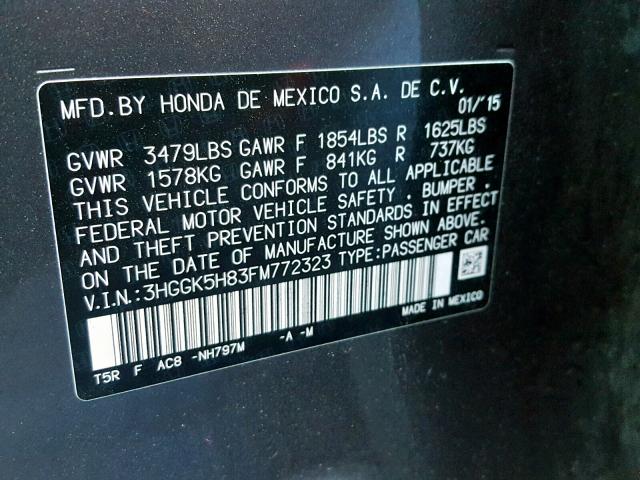 3HGGK5H83FM772323 - 2015 HONDA FIT EX GRAY photo 10