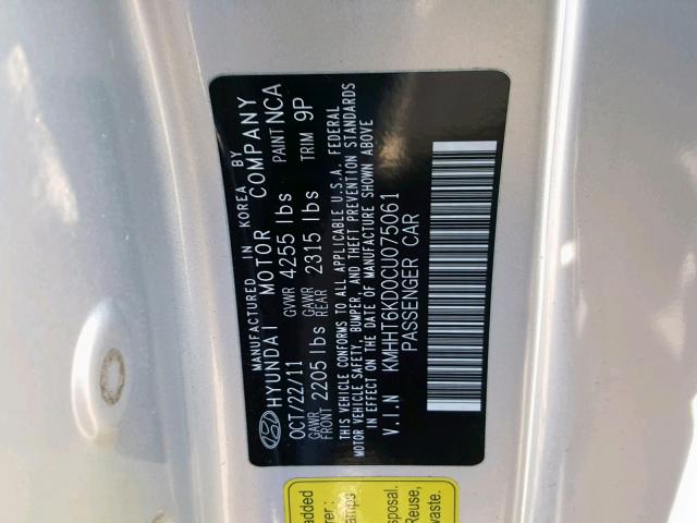 KMHHT6KD0CU075061 - 2012 HYUNDAI GENESIS CO SILVER photo 10