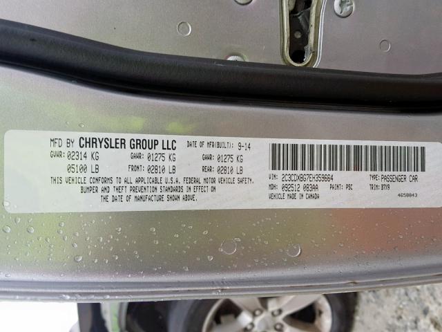 2C3CDXBG7EH359664 - 2014 DODGE CHARGER SE SILVER photo 10