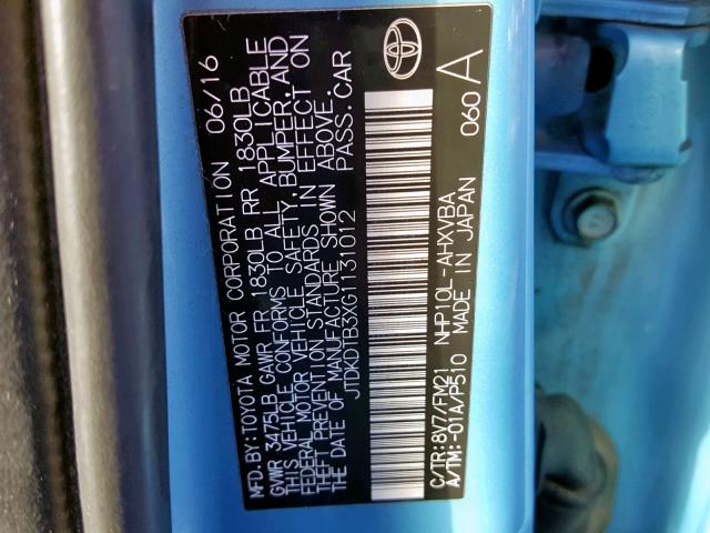 JTDKDTB3XG1131012 - 2016 TOYOTA PRIUS C BLUE photo 10