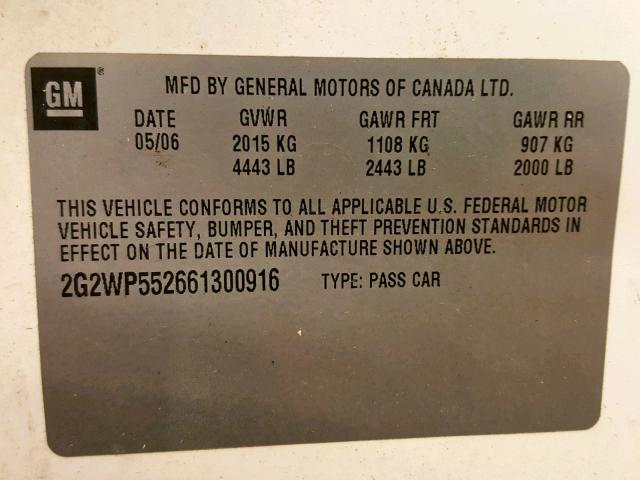 2G2WP552661300916 - 2006 PONTIAC GRAND PRIX WHITE photo 10