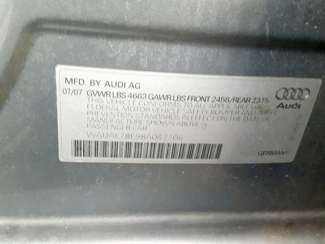 WAUAF78E98A047106 - 2008 AUDI A4 2.0T GRAY photo 10