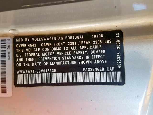 WVWFA71F39V016339 - 2009 VOLKSWAGEN EOS LUX 银色 照片 10