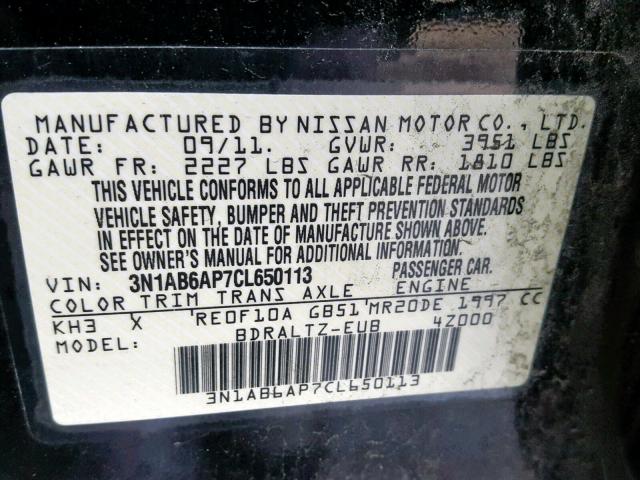 3N1AB6AP7CL650113 - 2012 NISSAN SENTRA 2.0 BLACK photo 10