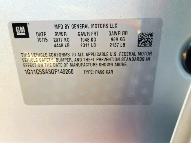 1G11C5SA3GF149260 - 2016 CHEVROLET MALIBU LIM SILVER photo 10