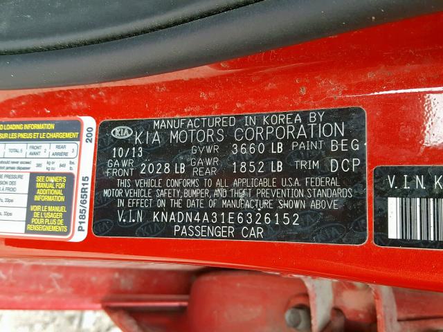 KNADN4A31E6326152 - 2014 KIA RIO EX RED photo 10