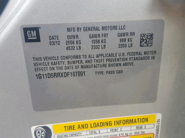 1G11D5RRXDF107091 - 2013 CHEVROLET MALIBU 1LT ვერცხლისფერი ფოტო 10