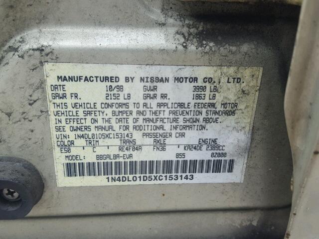 1N4DL01D5XC153143 - 1999 NISSAN ALTIMA XE BEIGE photo 10