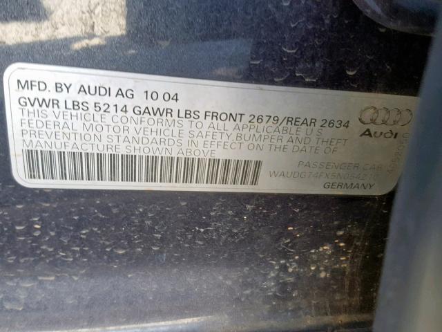 WAUDG74FX5N054210 - 2005 AUDI A6 3.2 QUA GRAY photo 10