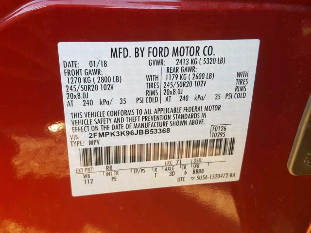 2FMPK3K96JBB53368 - 2018 FORD EDGE TITAN RED photo 10