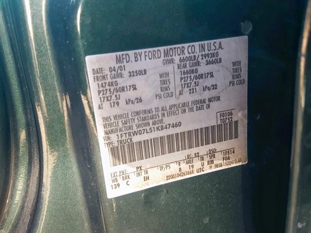 1FTRW07L51KB47460 - 2001 FORD F150 SUPER GREEN photo 10