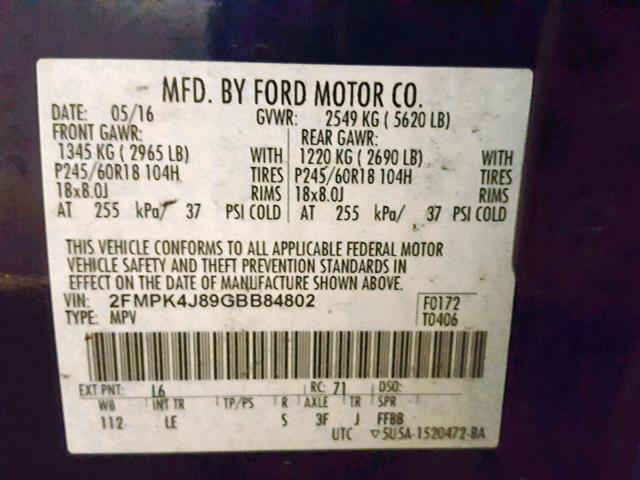 2FMPK4J89GBB84802 - 2016 FORD EDGE SEL BLUE photo 10