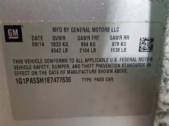 1G1PA5SH1E7477636 - 2014 CHEVROLET CRUZE LS SILVER photo 10