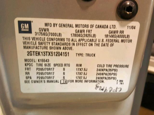 2GTEK13TX51204151 - 2005 GMC NEW SIERRA SILVER photo 10