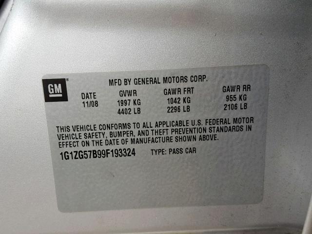 1G1ZG57B99F193324 - 2009 CHEVROLET MALIBU LS Сұр фото 10