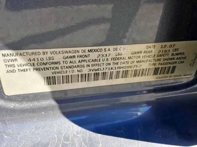 3VWDJ71K18M096752 - 2008 VOLKSWAGEN GLI ნაცრისფერი ფოტო 10